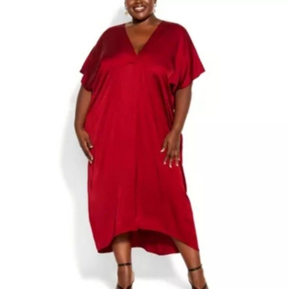 City Chic Sleek in Style Satin Kaftan Maxi Dress Red Plus Size 22 NWT